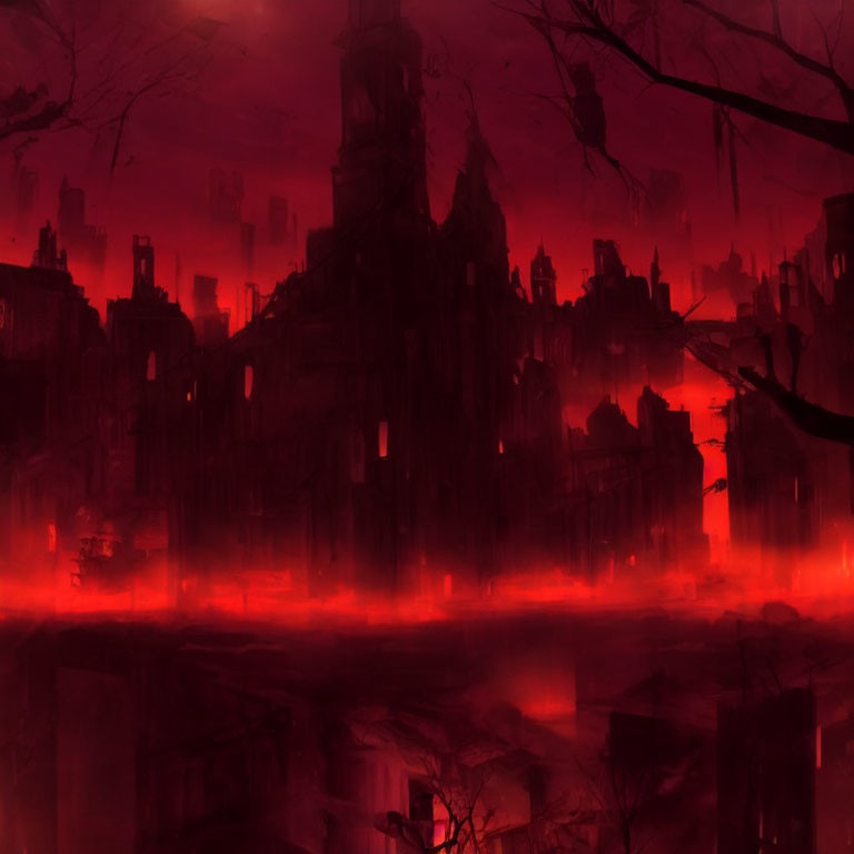 Dystopian landscape with red mist, ruins, and bare trees