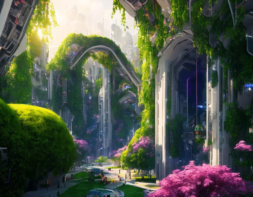 Futuristic cityscape with green skyscrapers, monorail tracks, pink trees, and