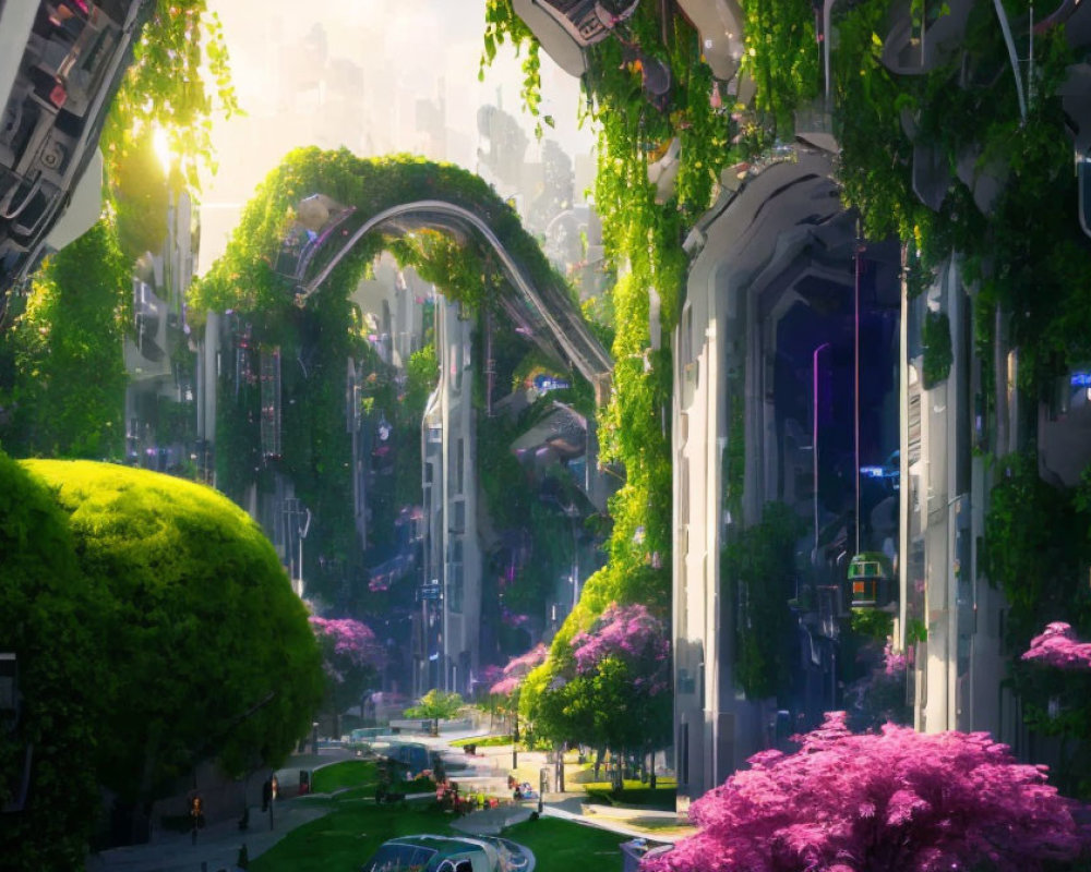 Futuristic cityscape with green skyscrapers, monorail tracks, pink trees, and