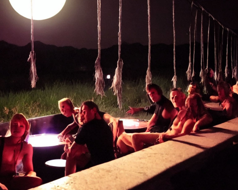 Nighttime scene with people by illuminated hot tub and moon, rope bridge above