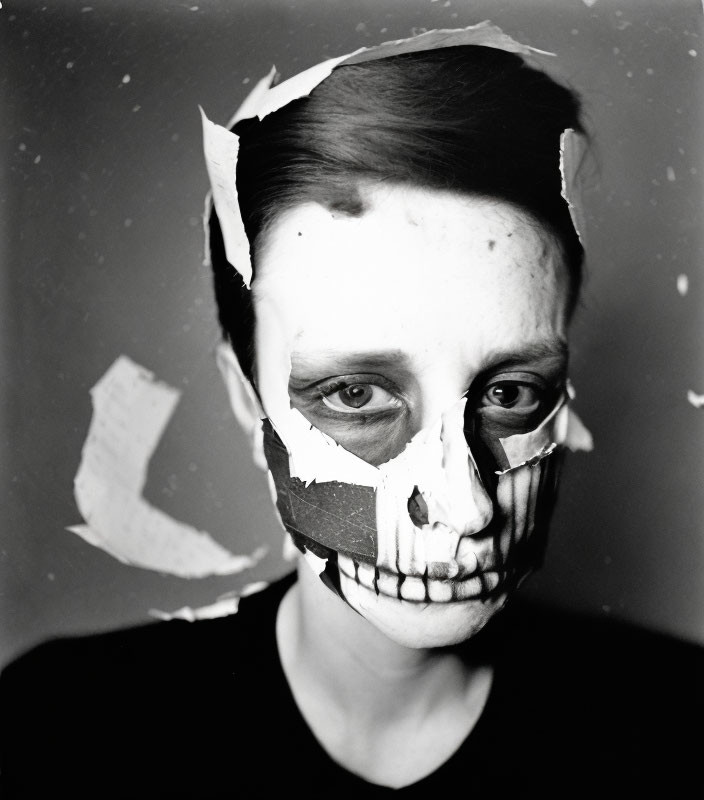 Monochrome photo of person with torn skull-like mask, showing eye.