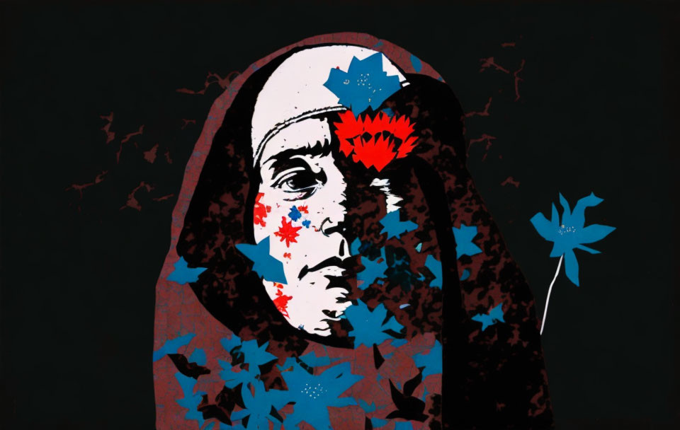 Stylized Mona Lisa with red and blue floral pattern on black background