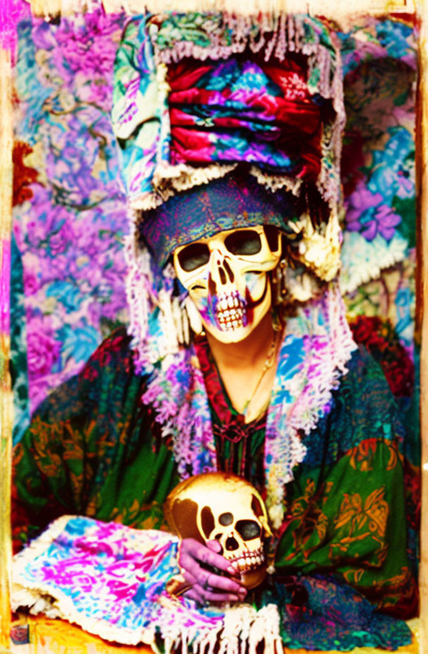 Skull mask person with skull in colorful textiles on tapestry background