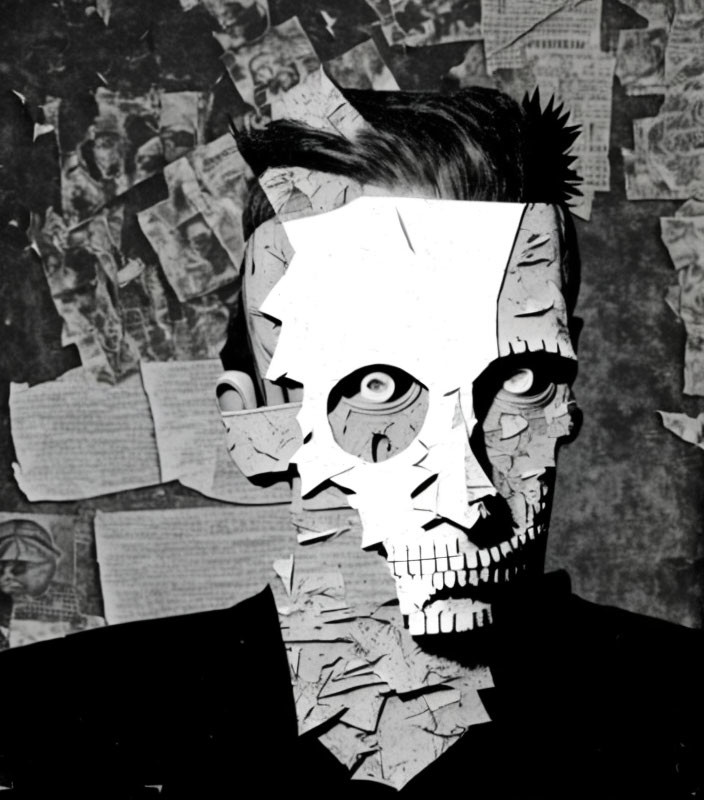 Person wearing geometric paper mask in monochrome against newspaper clippings