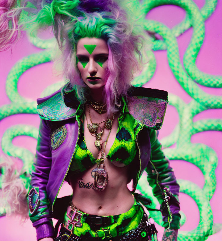 Voluminous Green Hair & Punk Outfit on Person Against Pink Backdrop