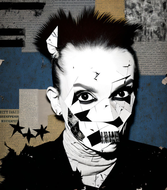 Monochrome photo collage of person with mohawk and fragmented face on textured background