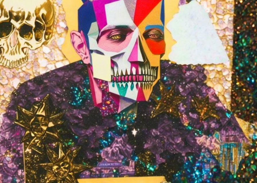 Colorful Abstract Collage Portrait with Geometric Shapes and Gold Accents