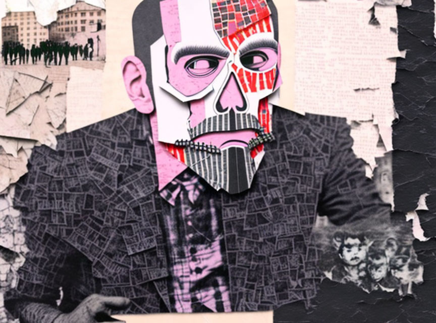 Person with Skull Mask in Collage Art