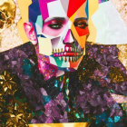 Colorful Abstract Collage Portrait with Geometric Shapes and Gold Accents