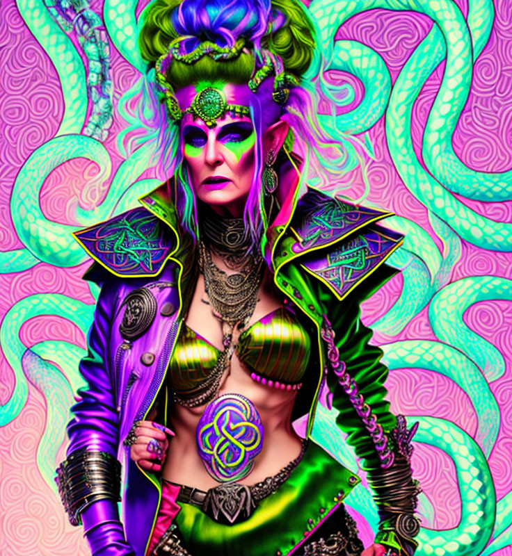 Colorful Cyberpunk Character with Green Hair and Purple Outfit on Psychedelic Background