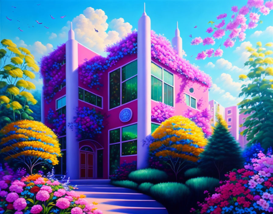 Colorful painting of pink building with purple vines and blooming trees