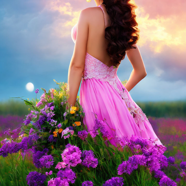 Woman in Pink Dress Among Purple Wildflowers at Sunset