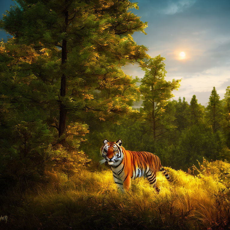 Majestic tiger in sunlit forest at sunset