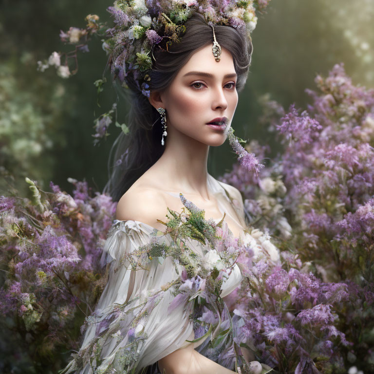 Woman in floral wreath and jewelry, gown with botanical motifs in purple flower field