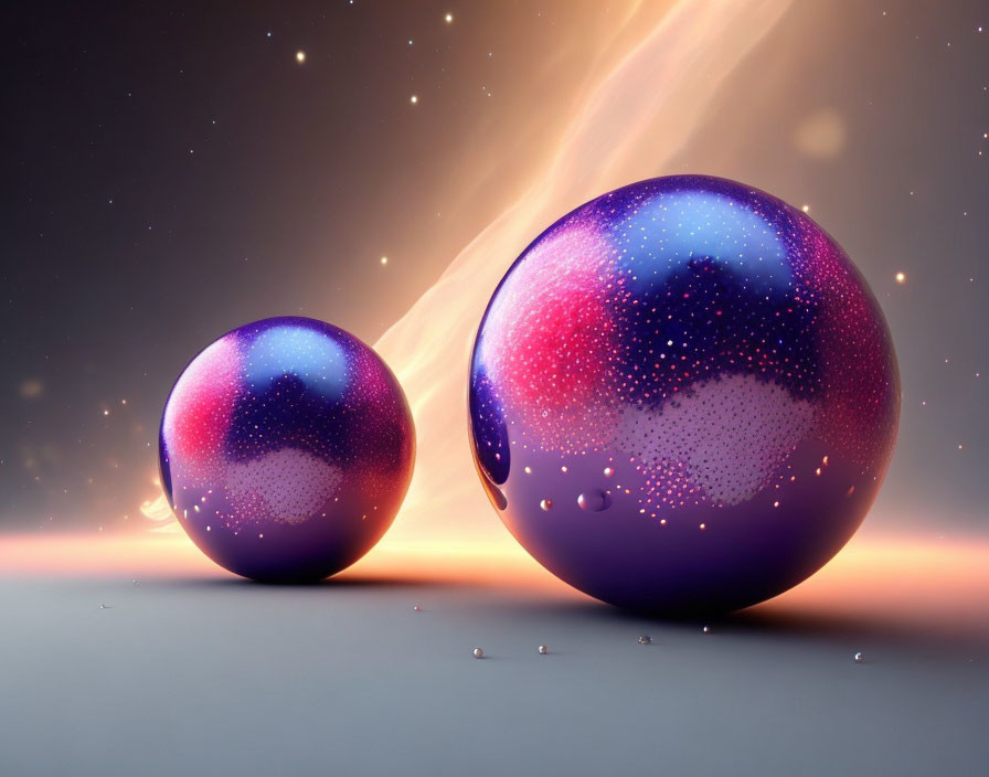 Galaxy-inspired design with glossy spheres and falling stars