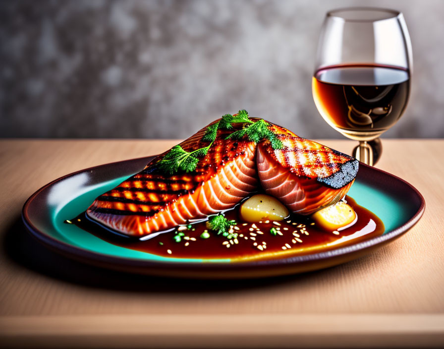 Grilled Salmon Fillet with Lemon and Herbs on Plate with Red Wine on Wooden Table