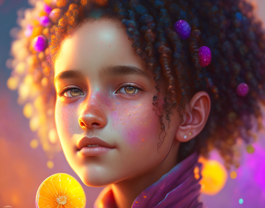 Colorful orbs adorn young person's curly hair in digital portrait.