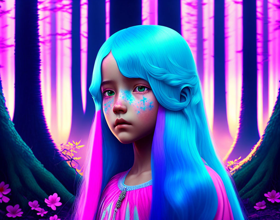 Vibrant Blue Hair Girl in Neon Fantasy Forest with Glowing Trees