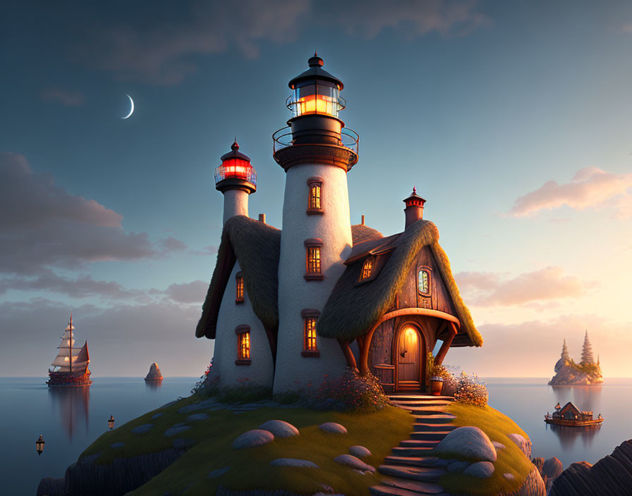 Whimsical lighthouse and cottage on island at dusk with glowing lights, ships, and crescent