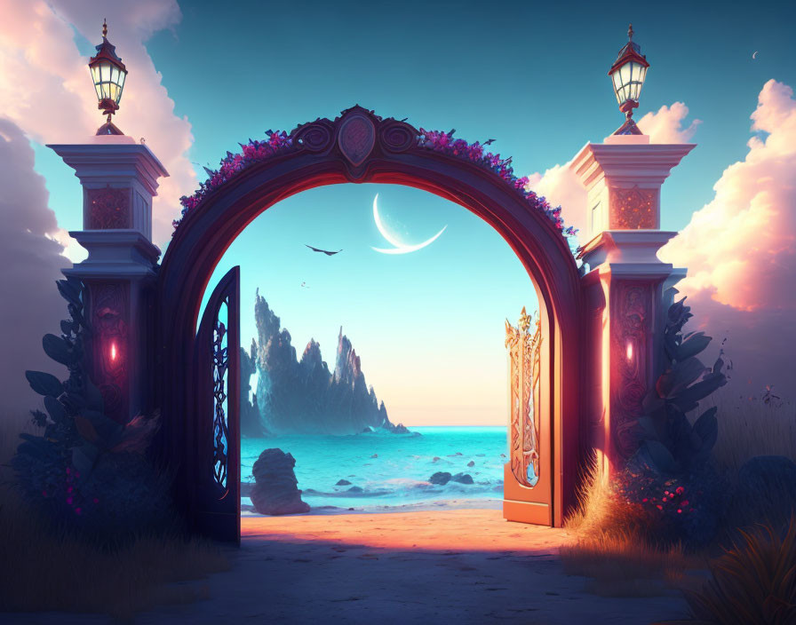 Mystical archway overlooking seaside at dusk with crescent moon, lanterns, and bird