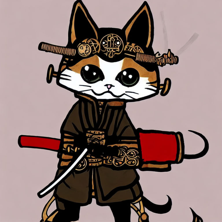 Anthropomorphic cat in samurai attire with katana sword on pink background