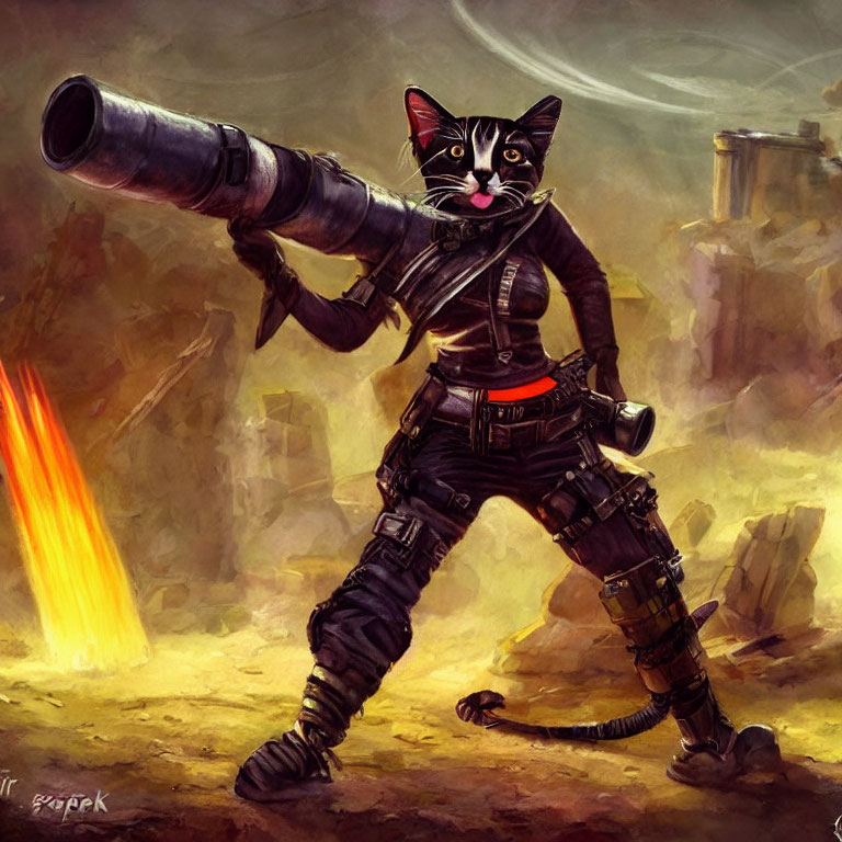 Anthropomorphic cat mercenary with futuristic cannon in war-torn setting