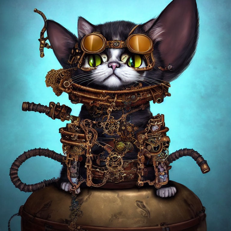 Steampunk-style cat digital artwork with green eyes and goggles