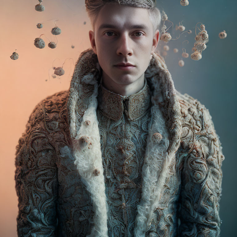 Neutral young man in ornate jacket on blue-orange gradient with dandelion seeds.