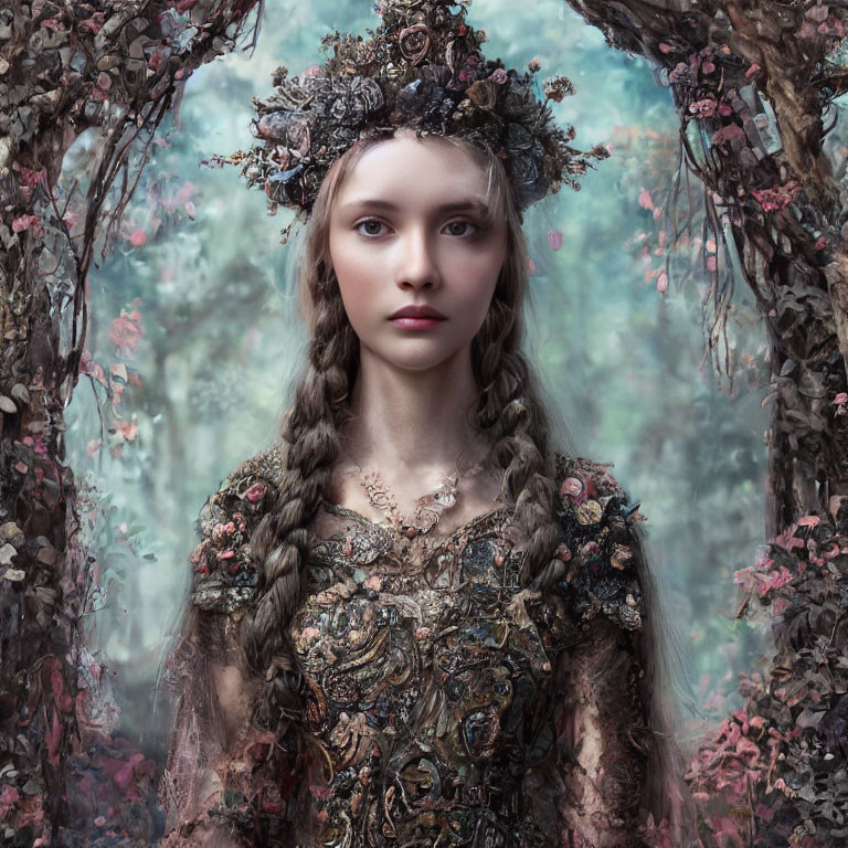 Woman with Braided Hair and Floral Crown in Mystical Forest Setting