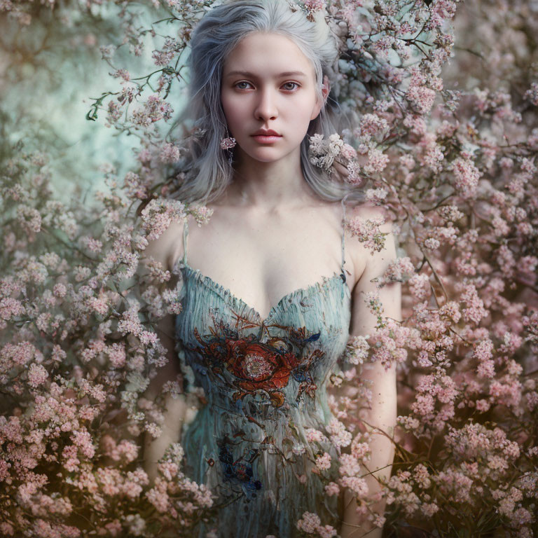 Silver-haired woman in blue dress surrounded by pink blossoms