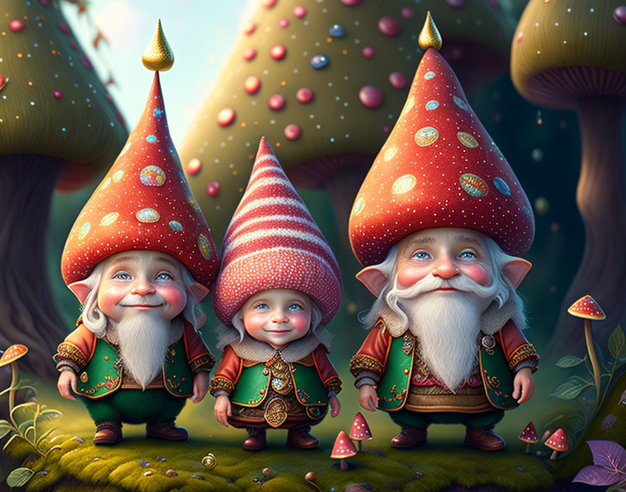 Colorful Garden Gnomes Among Mushroom Houses in Enchanted Forest