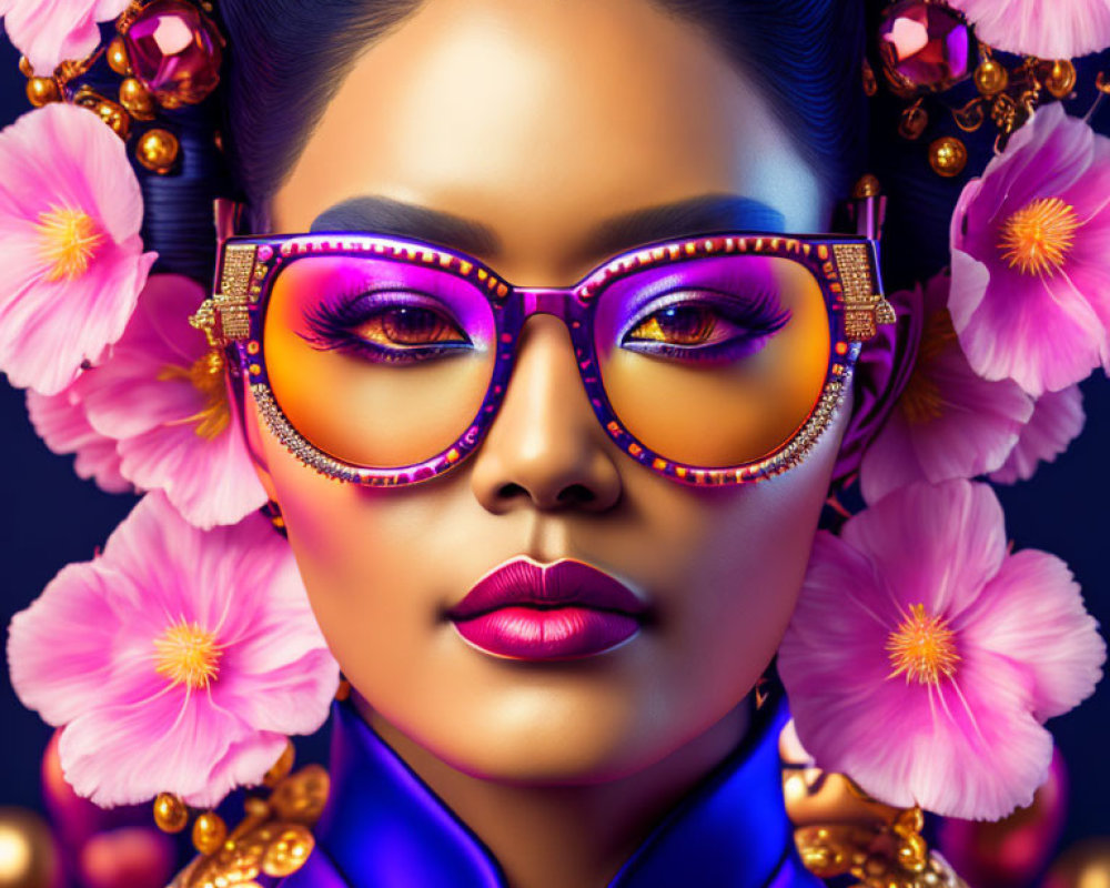 Colorful digital portrait of woman with ornate glasses, pink flowers, gold and gemstone jewelry.