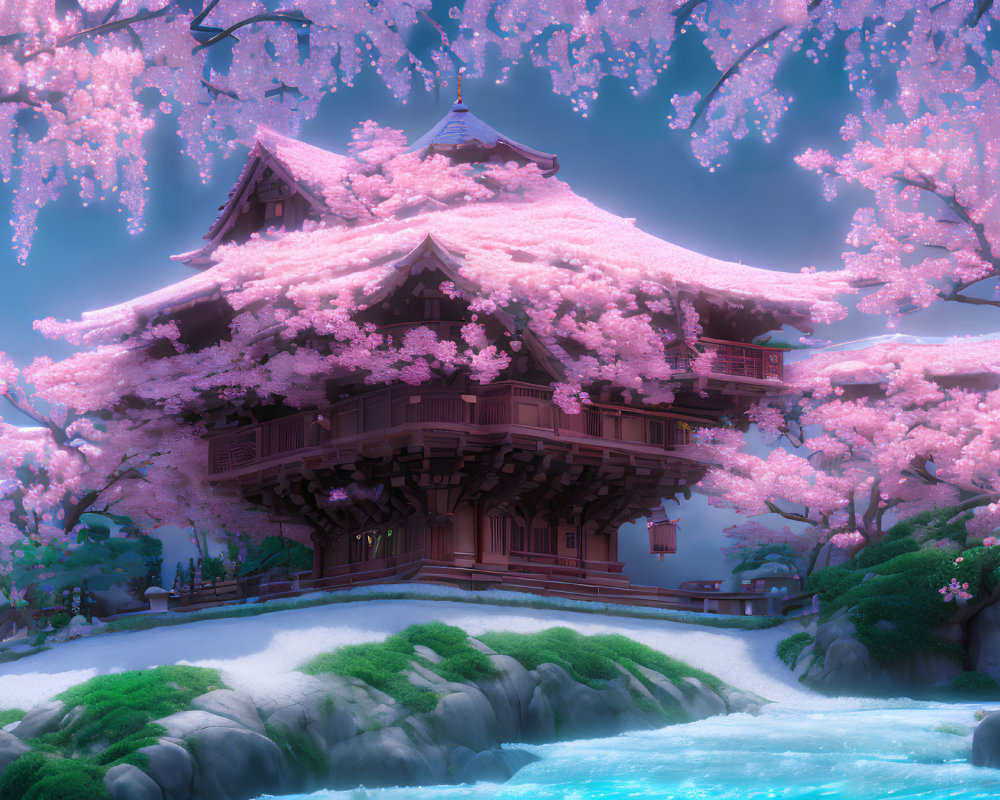 Japanese pagoda with cherry blossoms by serene river