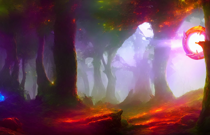 Vibrant Glowing Forest with Magical Lantern in Misty Atmosphere