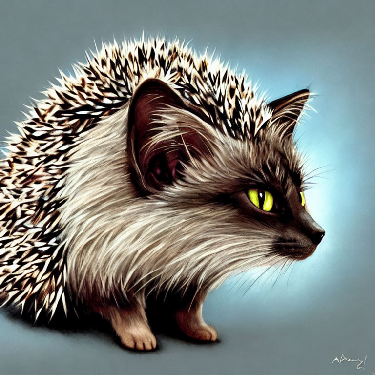 Illustration of hybrid creature: hedgehog body, cat face with green eyes.