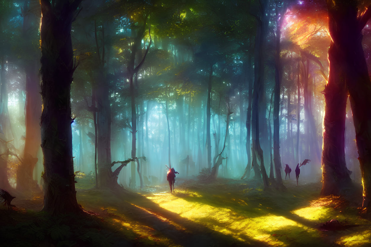 Ethereal forest with light beams, silhouetted figures, mystical atmosphere