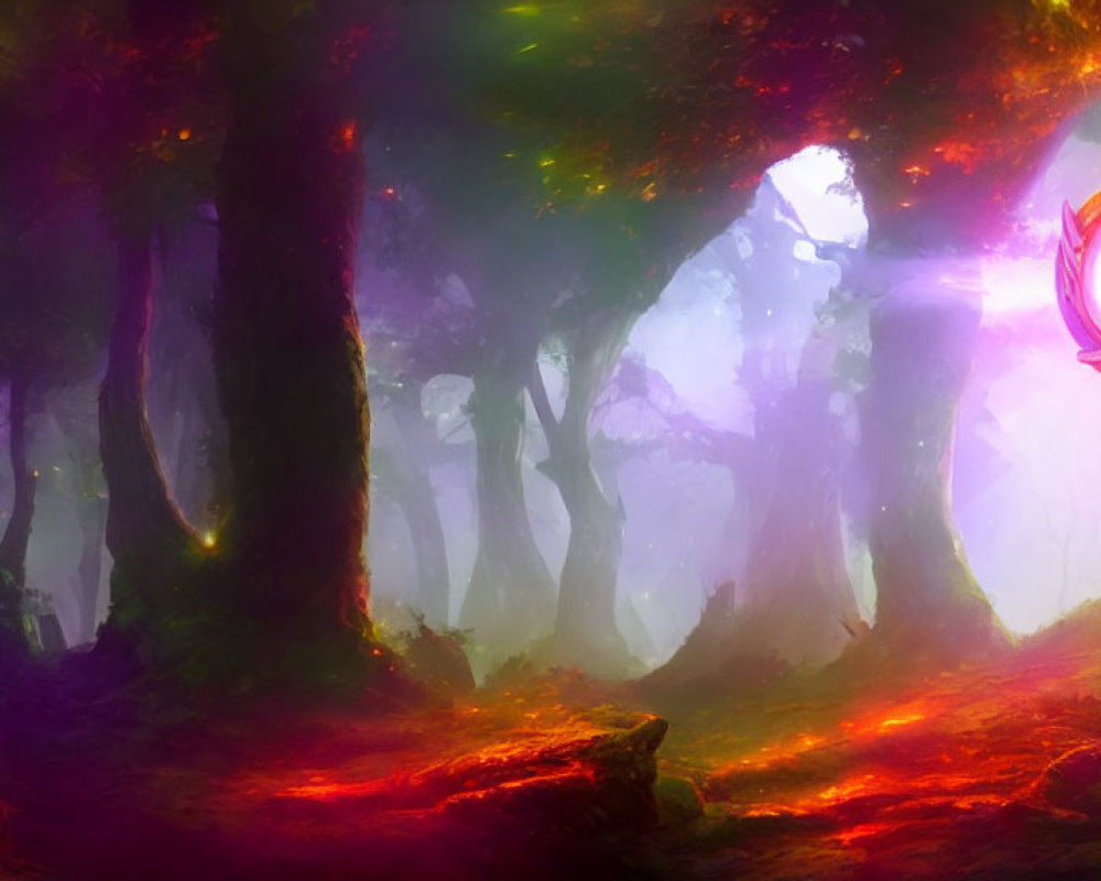 Vibrant Glowing Forest with Magical Lantern in Misty Atmosphere