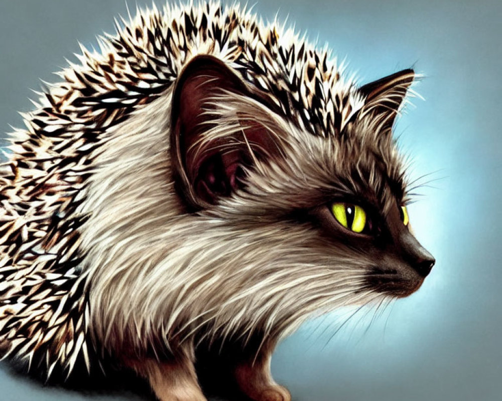 Illustration of hybrid creature: hedgehog body, cat face with green eyes.