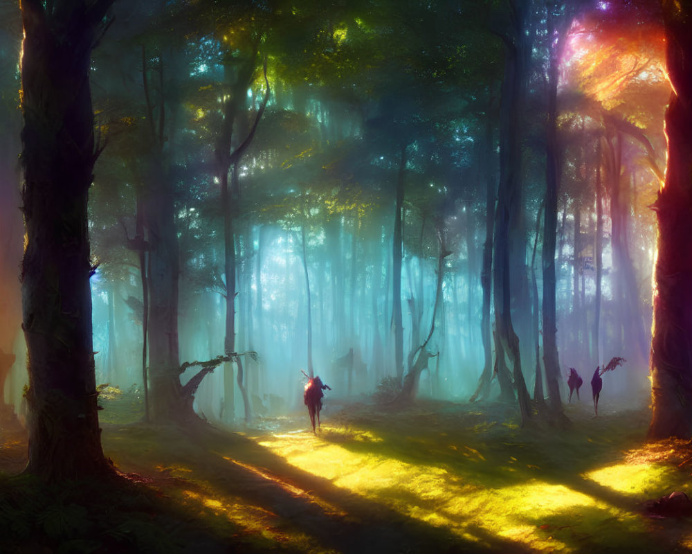 Ethereal forest with light beams, silhouetted figures, mystical atmosphere