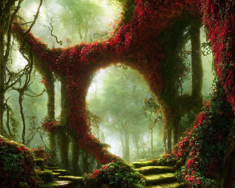 Misty enchanted forest with moss-covered trees and red foliage branches