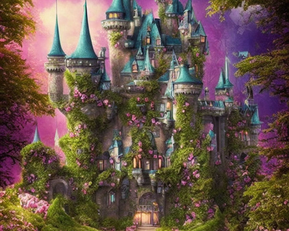 Turquoise Rooftop Castle Surrounded by Purple Foliage and Pink Flowers