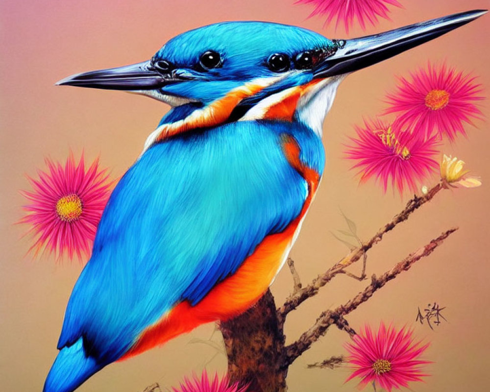 Colorful Kingfisher Bird Illustration on Branch with Pink Flowers