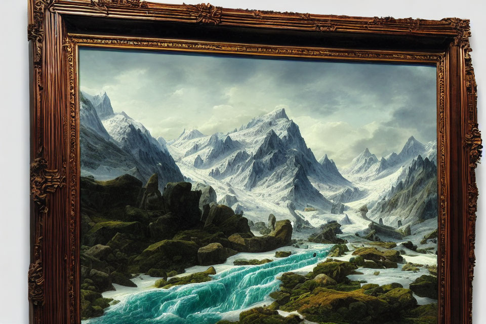 Snow-capped mountain landscape with river in decorative frame