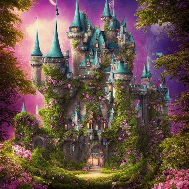 Turquoise Rooftop Castle Surrounded by Purple Foliage and Pink Flowers