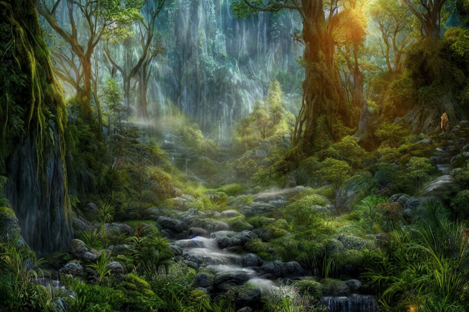 Lush Greenery and Cascading Stream in Enchanted Forest