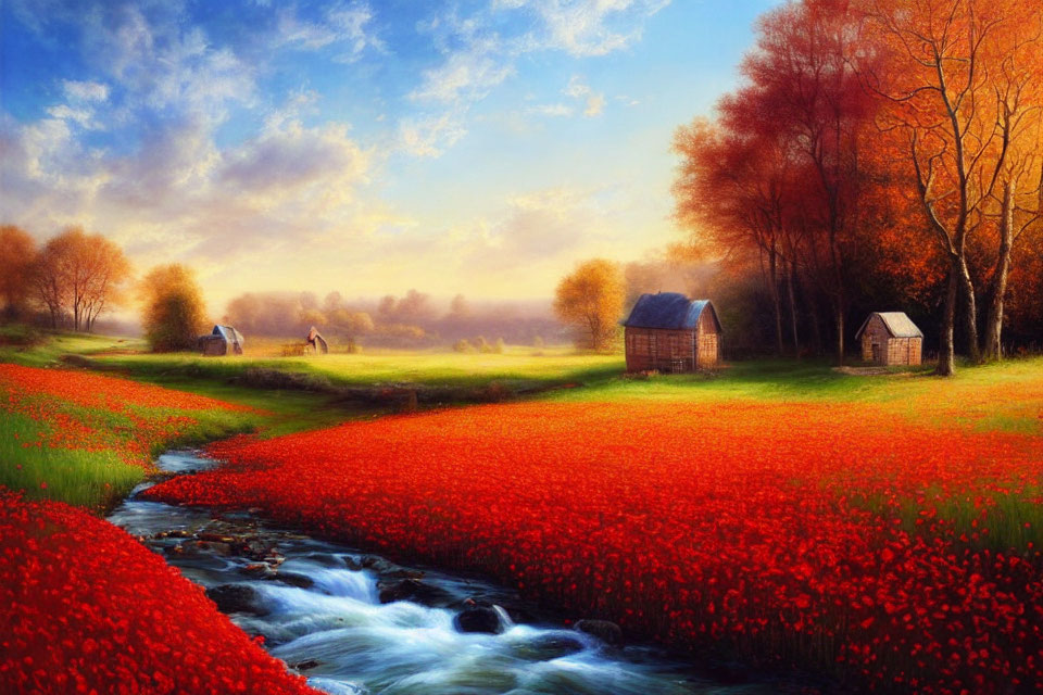 Scenic landscape with red flowers, stream, autumn trees, and rustic houses