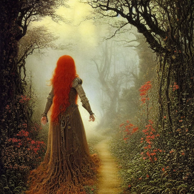 Woman with Red Hair and Dress in Misty Forest Setting