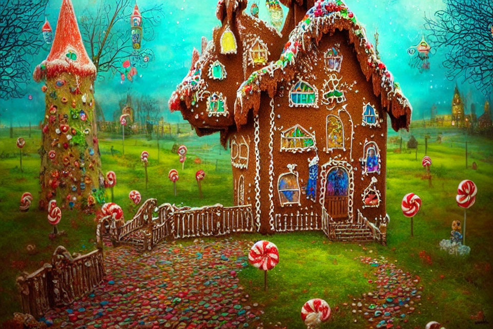 Colorful Candy Adorned Gingerbread House with Candy Cane Trees