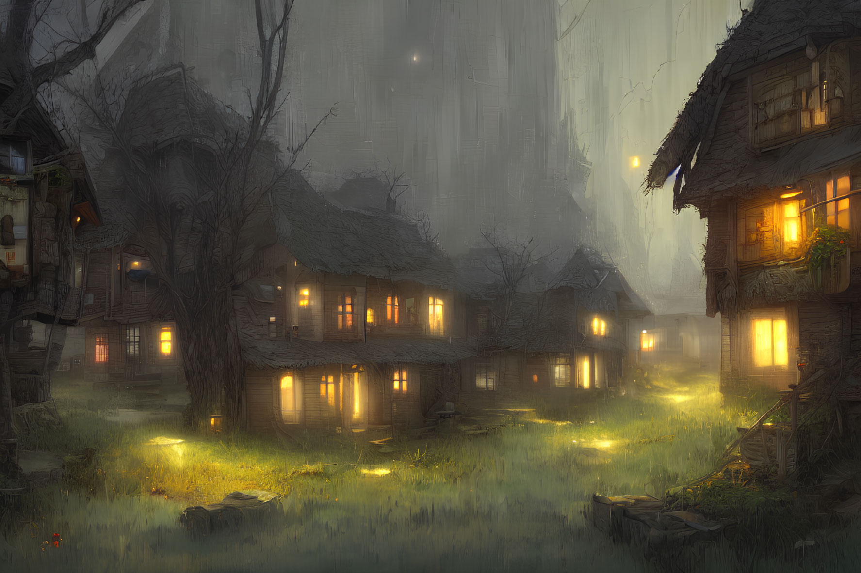 Enchanted village in fog with warm lights and overgrown nature