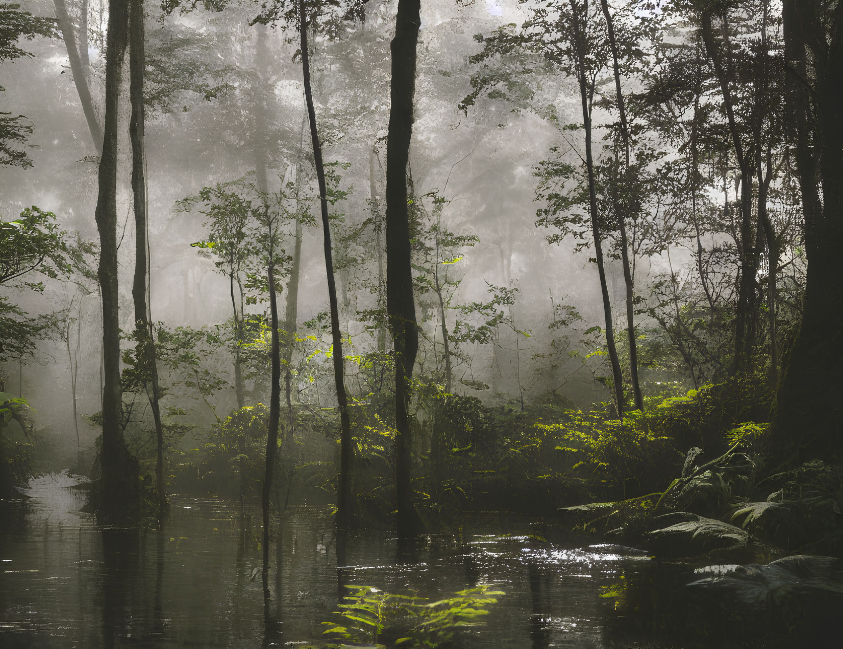 Tranquil misty forest scene with dense trees and calm water body